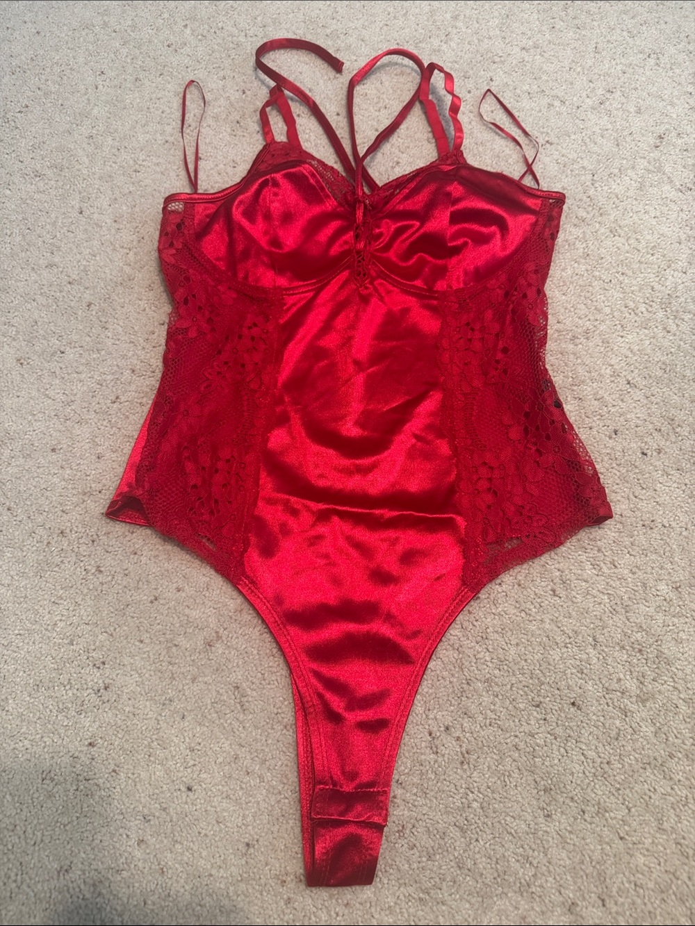 iris Red Satin Lace Trim Bodysuit